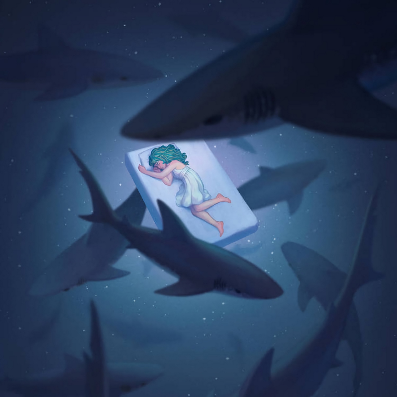 Wallpaper Dream, Underwater World, Sharks, Girl, Art - Акулы И Подводный Мир - HD Wallpaper 