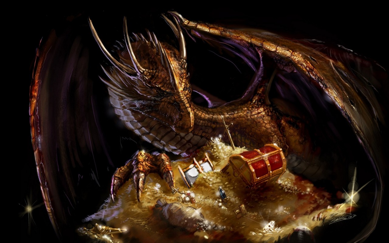 Golden Sword - Dragon In A Cave With Treasure - HD Wallpaper 