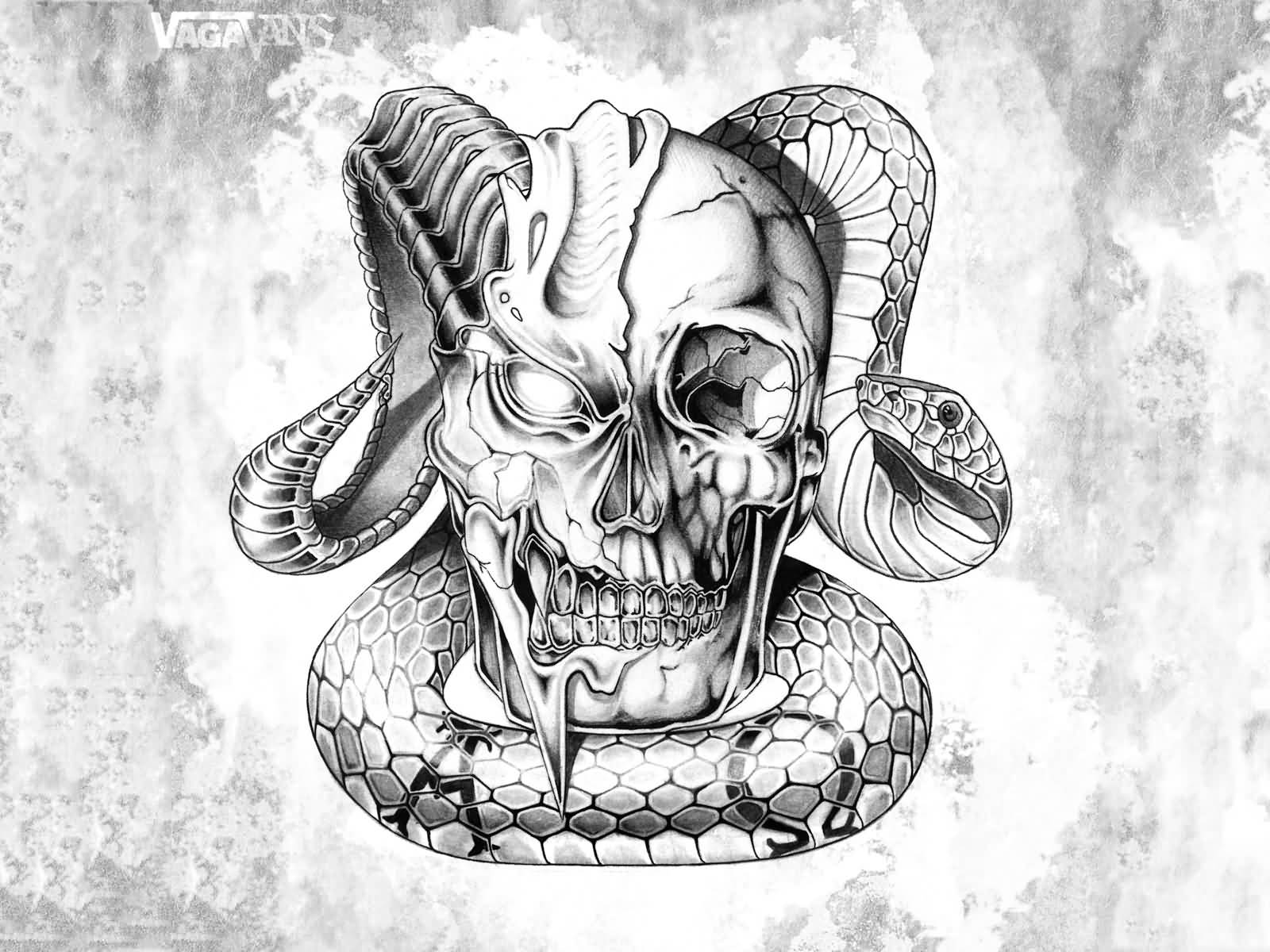 Attractive Black And Grey 3d Snake With Skull Tattoo - Skull And Snake  Tattoo Designs - 1600x1200 Wallpaper 