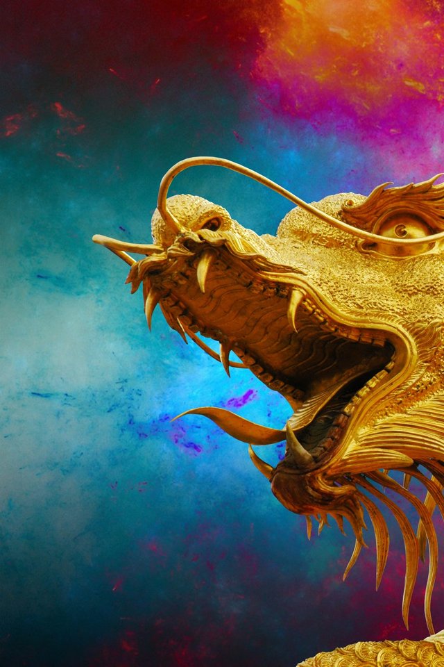 Statue Of Golden Chinese Dragon On Colorful Background - Dragon Iphone Background Chinese - HD Wallpaper 