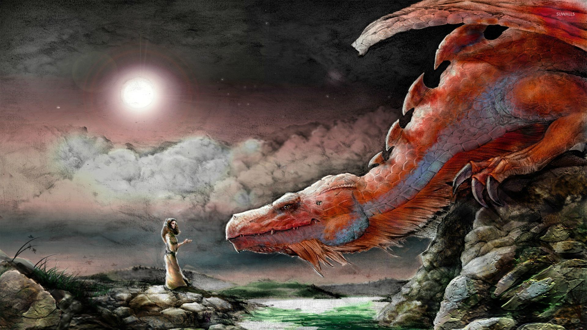 Woman And Red Dragon - HD Wallpaper 
