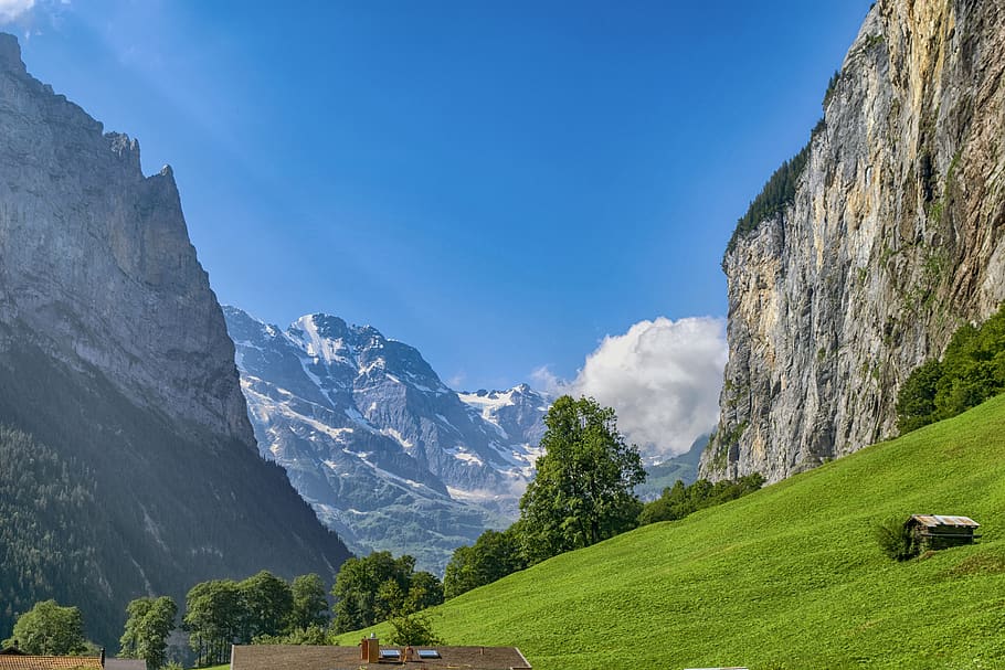 Landscape, Lauterbrunnen, Switzerland, Mountains, Valley, - Bernese Oberland Switzerland - HD Wallpaper 