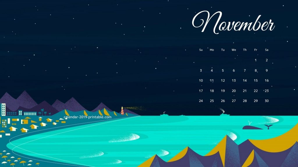 November 2019 Hd Wallpaper Calendar - Night In The Beach Illustration - HD Wallpaper 