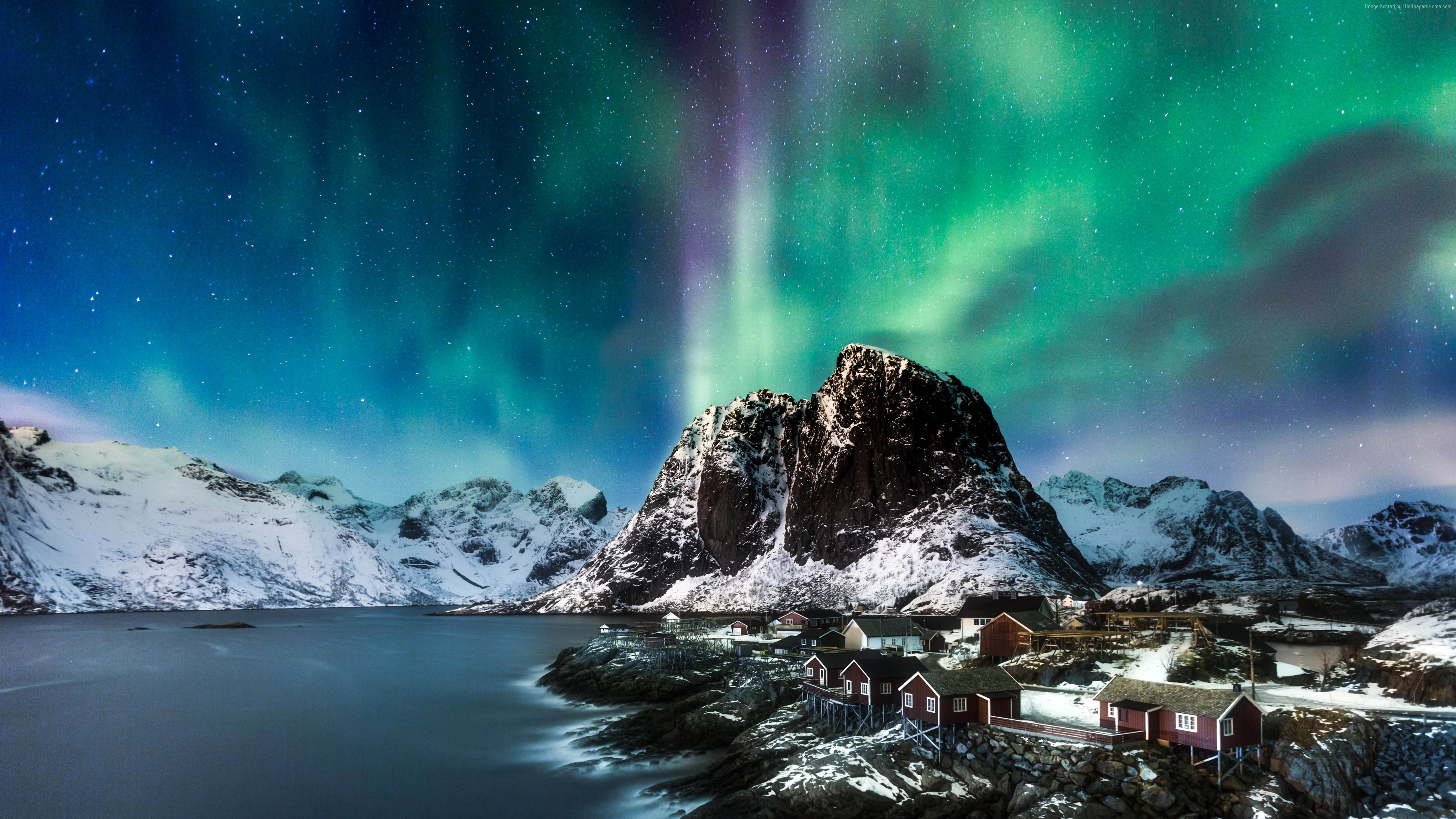Wallpaper Norway, Lofoten Islands, Mountains, Sea, - Northern Lights - HD Wallpaper 