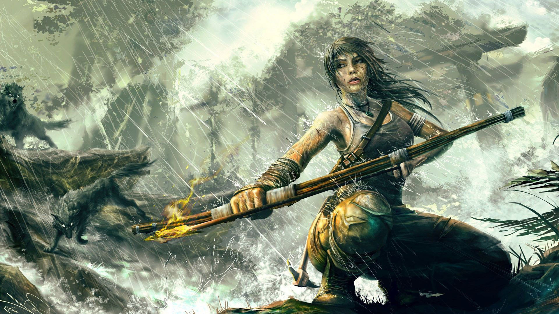 1920x1080, Wallpaper Lara Croft Arrow Fire Heavy Rain - Tomb Raider Lara Croft Campfire - HD Wallpaper 