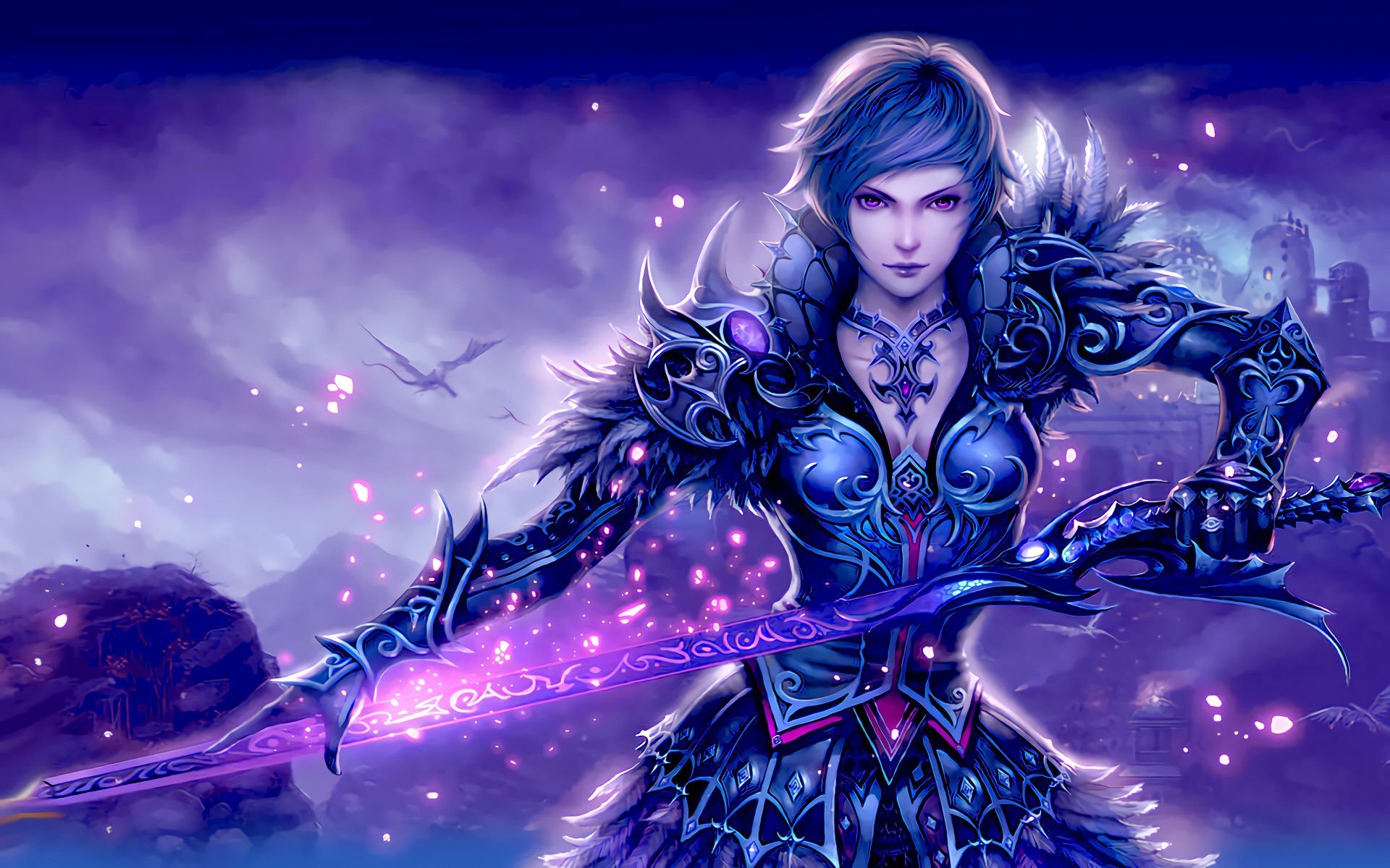 Wallpaper Beautiful Warrior Girl, Sword, Shine - Blue Haired Fantasy Women - HD Wallpaper 