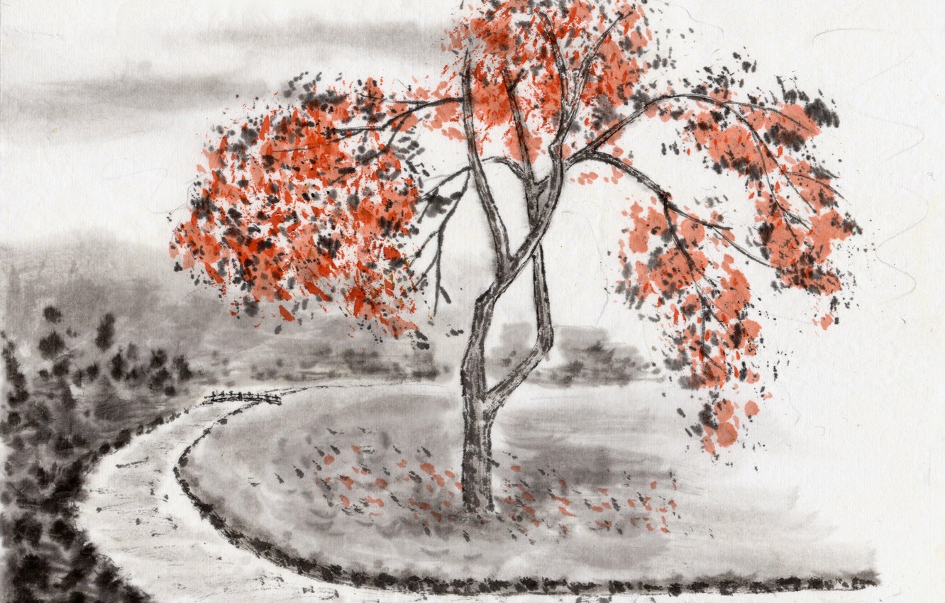 Photo Wallpaper Field, Bridge, River, Tree, Branch, - Japanese Painting - HD Wallpaper 