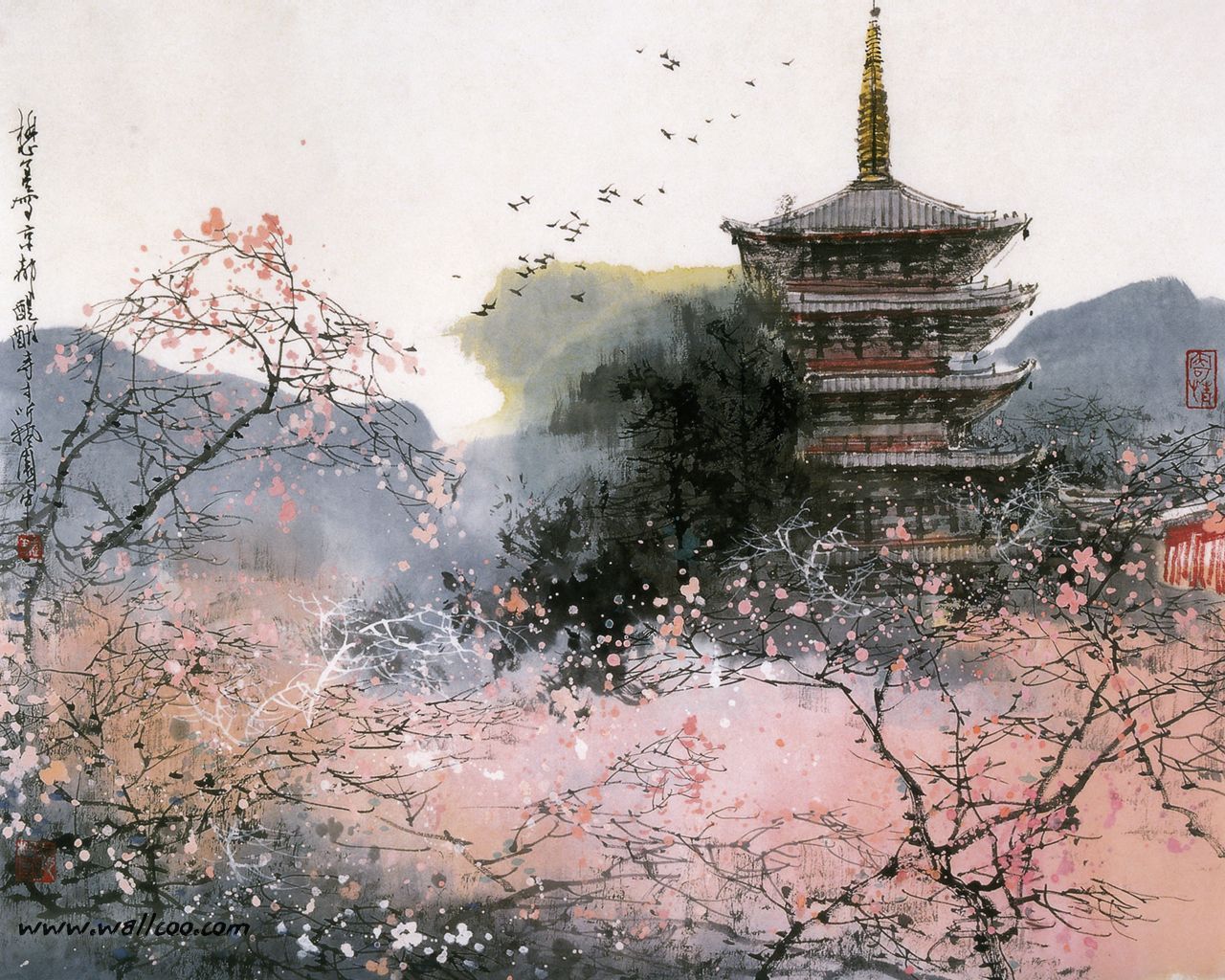 Modern Chinese Watercolor Art - HD Wallpaper 