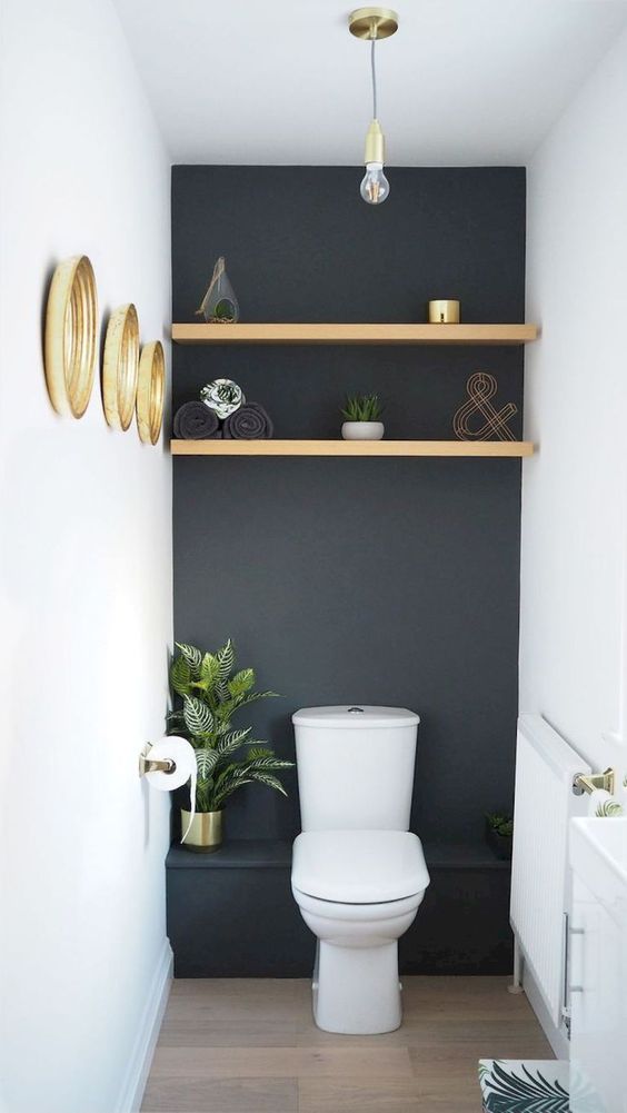A Small Black And White Guest Toilet With A Shelf, - Small Toilet Decorating Ideas Uk - HD Wallpaper 