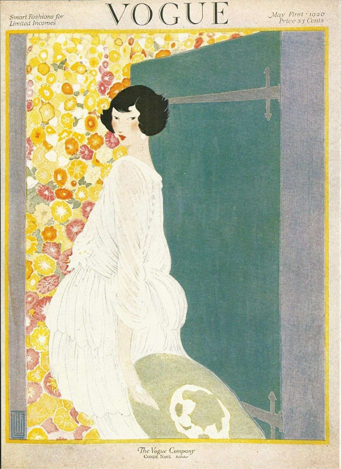 Vogue 1920 Cover Print Lady Hat Floral Wallpaper Art - Vogue Magazine Cover Art Design - HD Wallpaper 