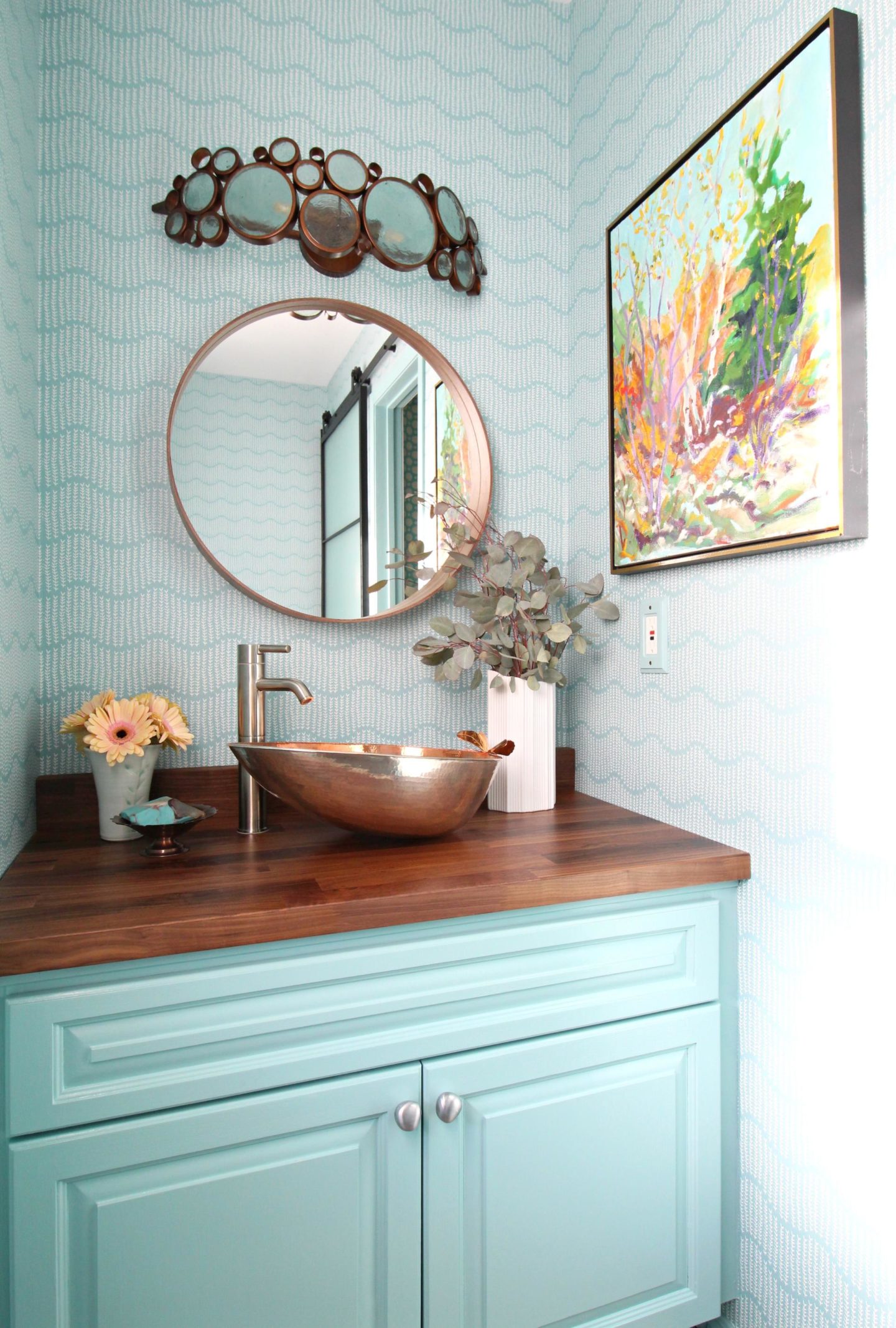 Turquoise And Copper Powder Room Makeover Reveal - Bathroom - HD Wallpaper 