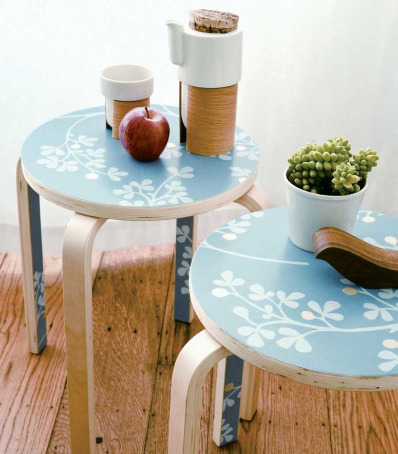 Diy Wallpaper Side Table Of Plain Ikea Stools - Leftover Wallpaper Ideas - HD Wallpaper 