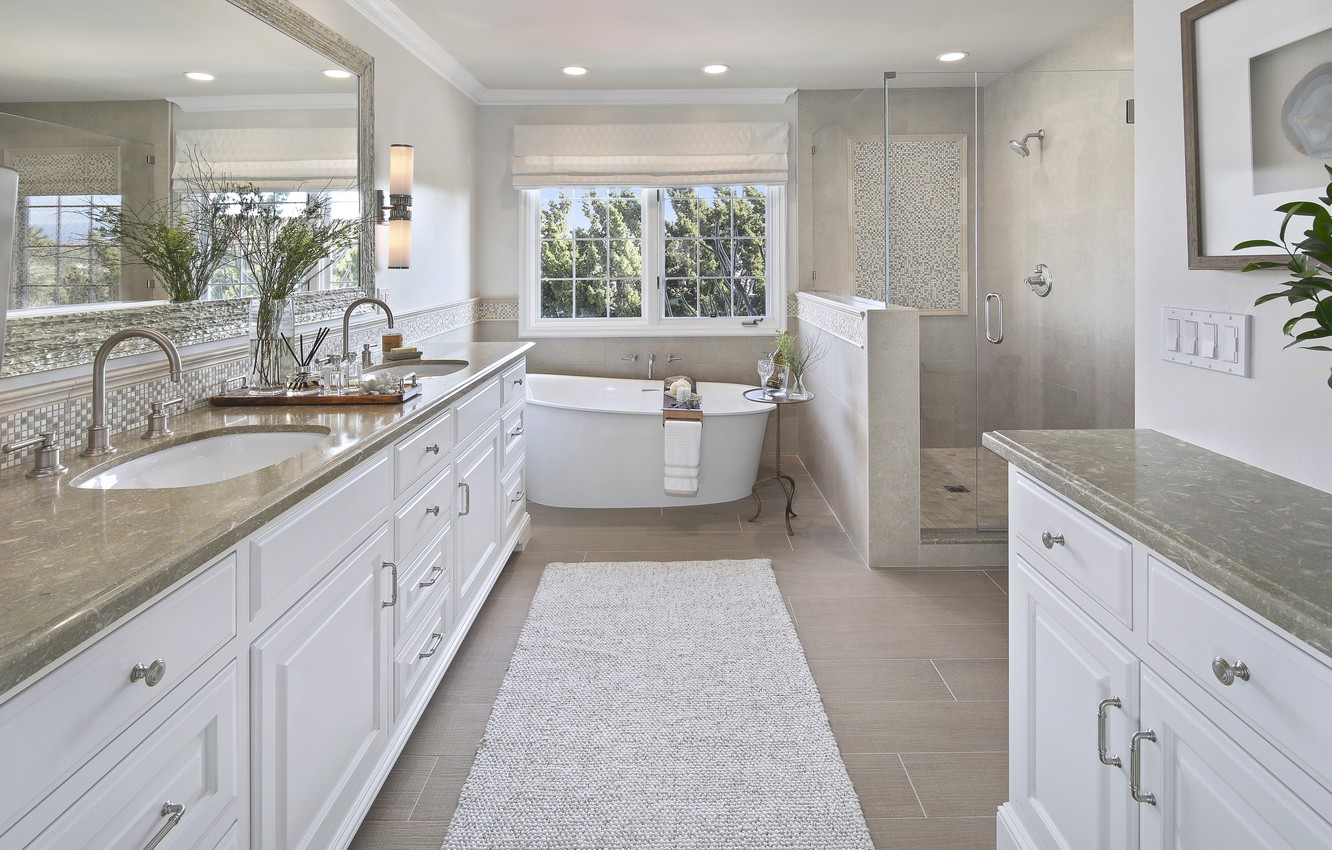 Photo Wallpaper Design, Mirror, Window, Bath, Wardrobe, - Bathroom In A Mansion - HD Wallpaper 