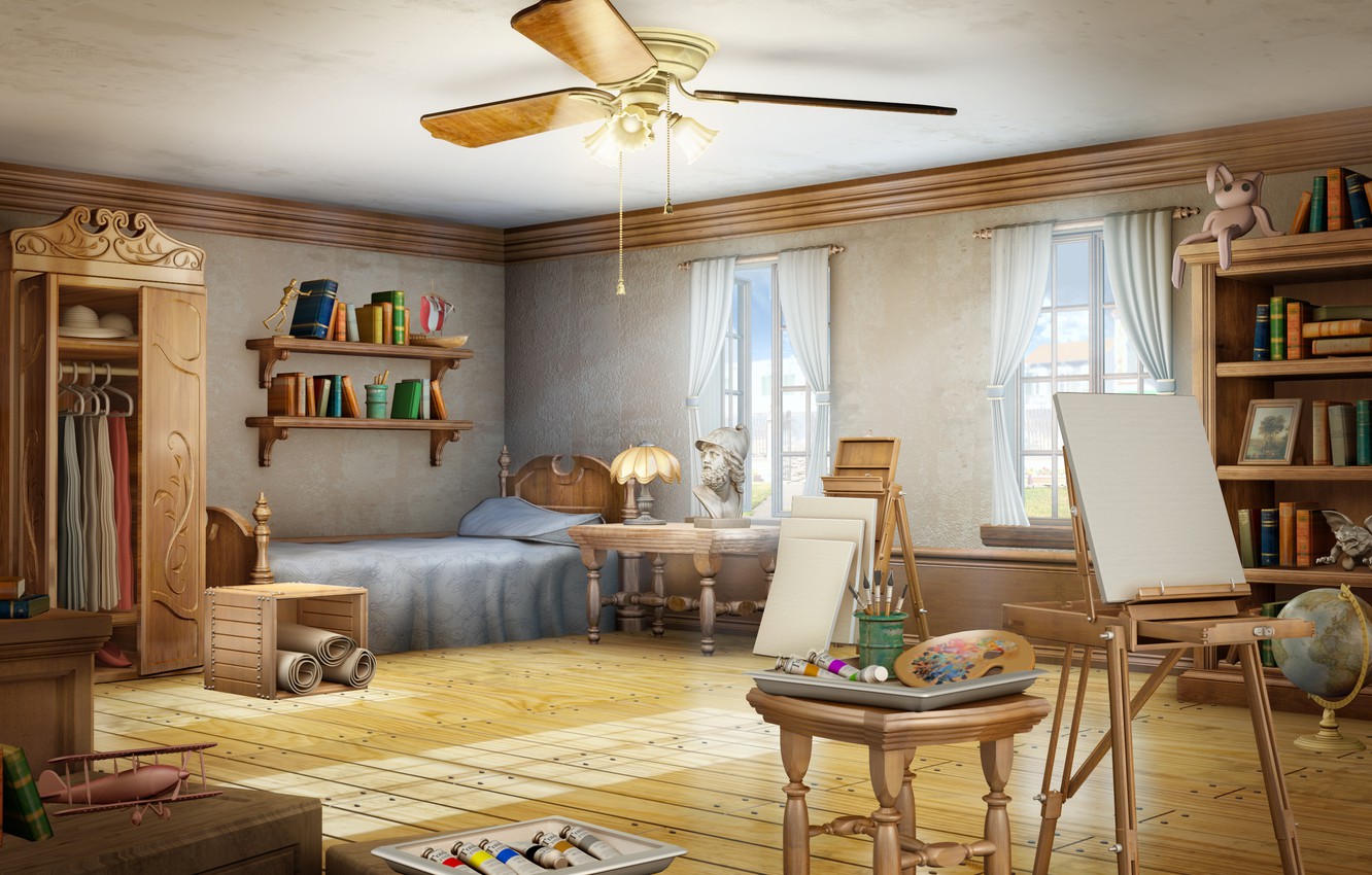 Photo Wallpaper Light, Room, Paint, Books, Bed, Art, - Artist Room Background - HD Wallpaper 