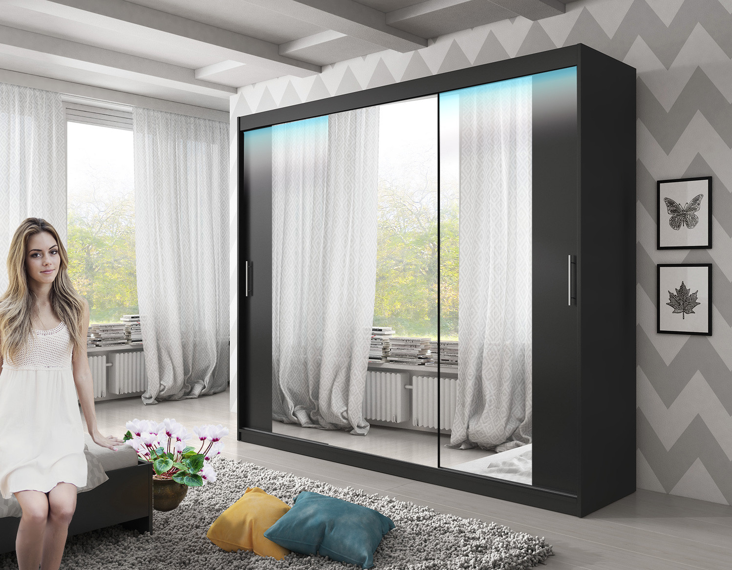 Wardrobe Atago 12xl Aa With Sliding Doors, Mirror And - Wardrobe In Living Room - HD Wallpaper 