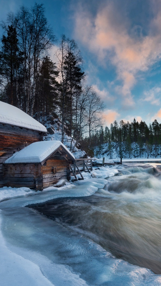 House In Snow On River - HD Wallpaper 