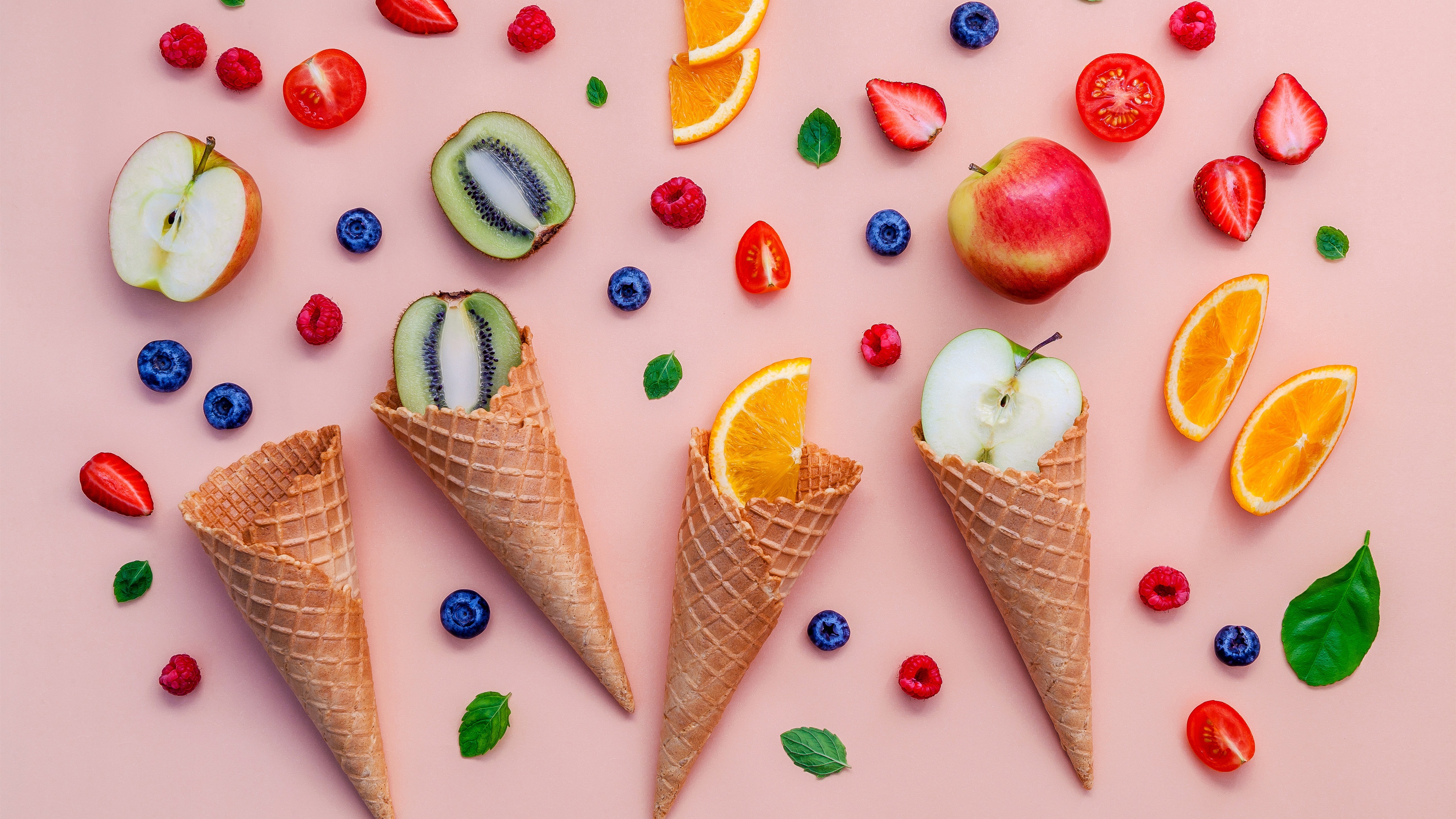 Wallpaper Ice Cream Cone, Fruit Slice, Kiwi, Orange, - Обои Мороженое - HD Wallpaper 