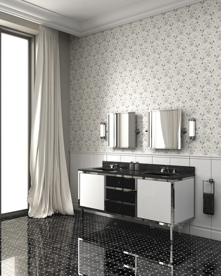 Botanical Print Wallpaper White Curtain Metal Bathroom - Devon Devon Jazz - HD Wallpaper 