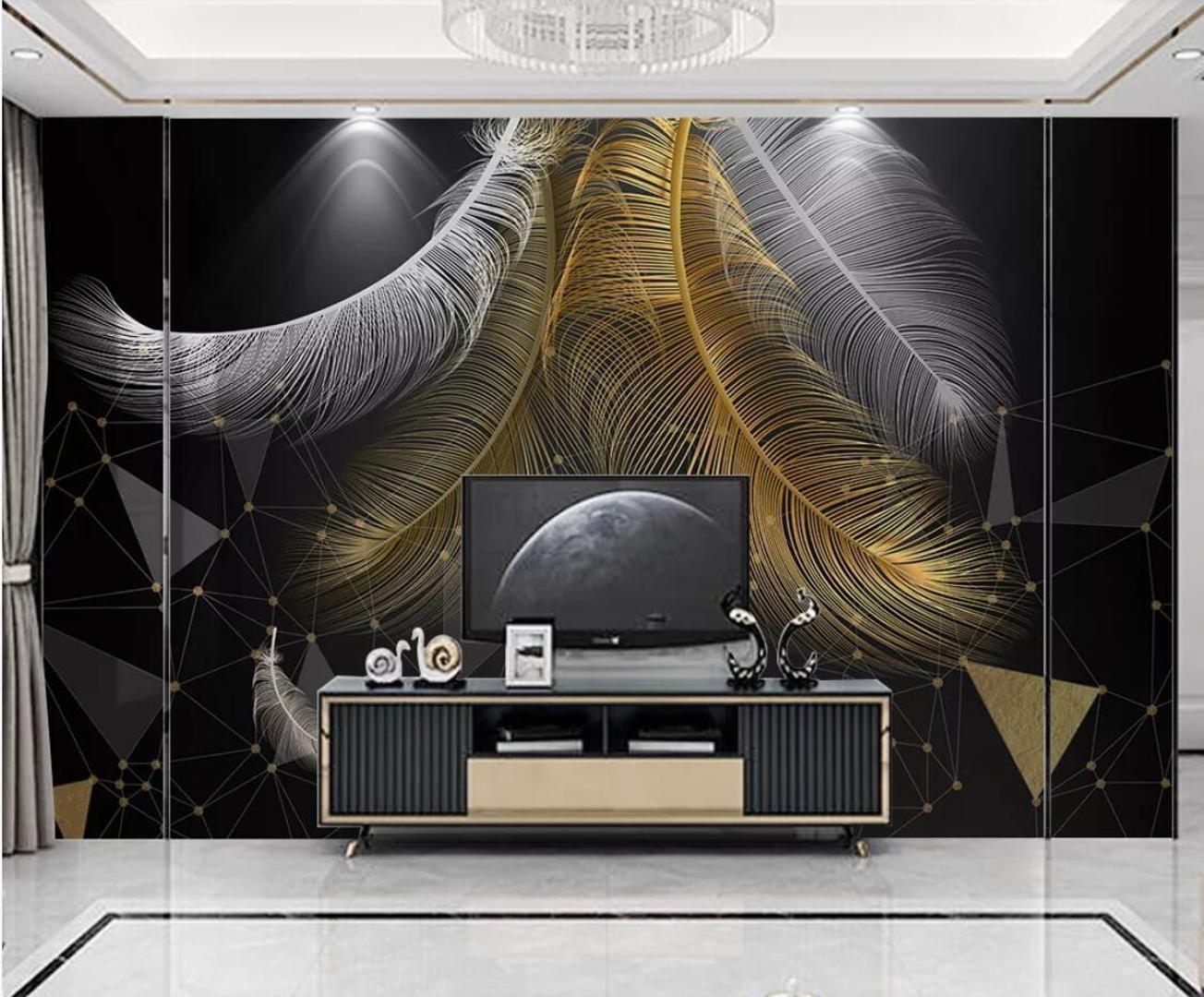 Papier Peint Noir Et Or Plume - HD Wallpaper 