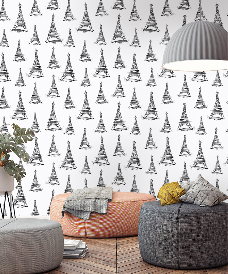 From Paris With Love- Eiffel Tower Pattern Wallpaper - Fekete Feher Parizsos Tapéta - HD Wallpaper 