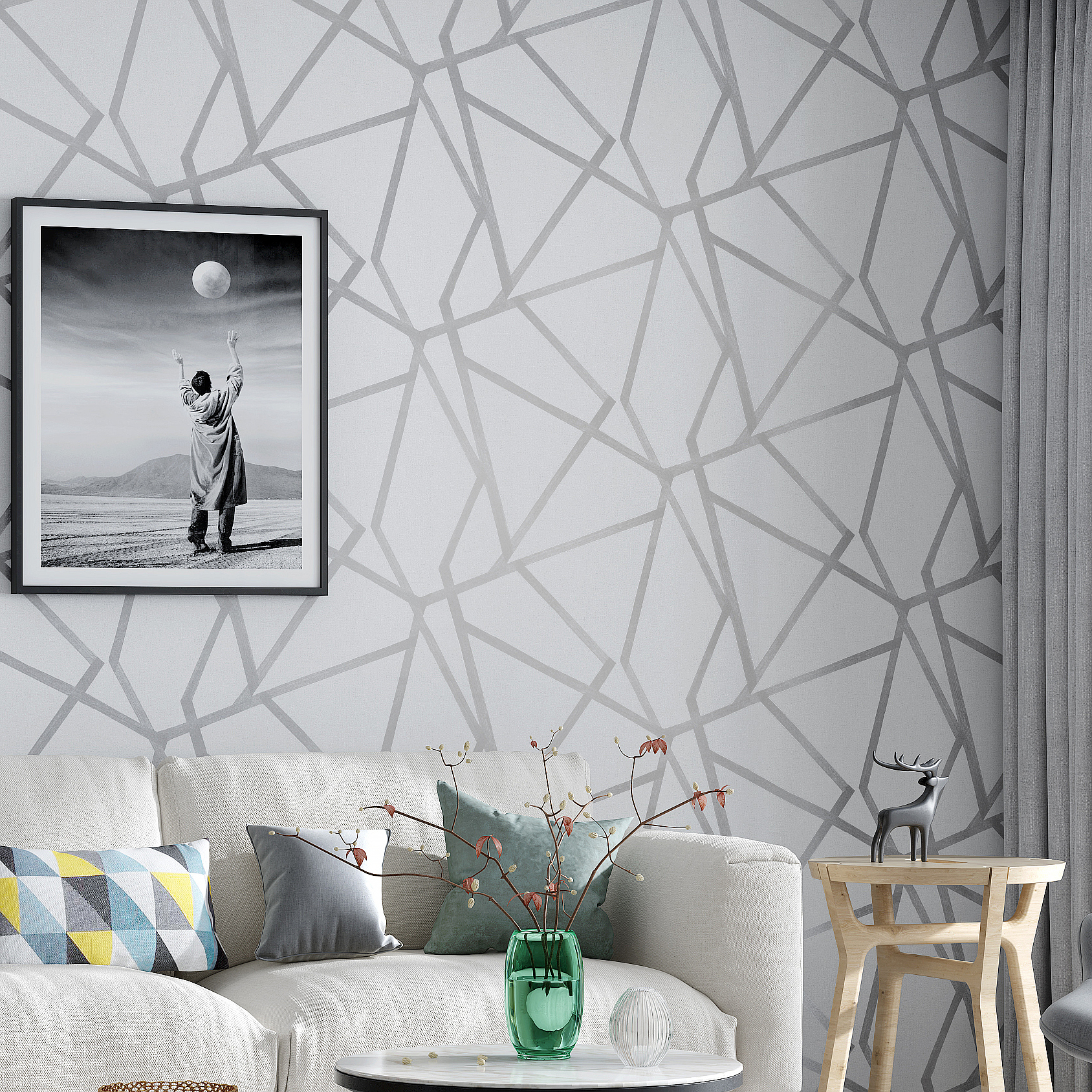 Grey Geometric Wallpaper For Living Room Bedroom Gray - Grey Wallpaper Living Room - HD Wallpaper 