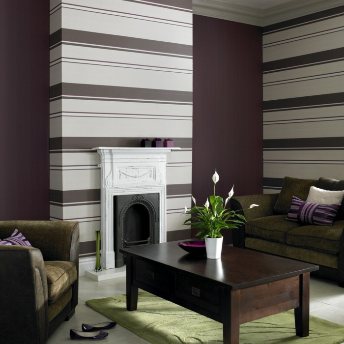 Wallpaper Ideas Living Room Pattern Purple Grey Striped - Striped Wallpaper Ideas For Living Room - HD Wallpaper 