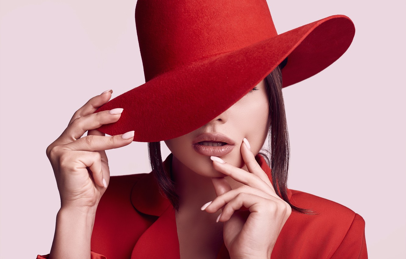 Photo Wallpaper Girl, Red, Hands, Hat, Makeup, Elegant - Girl - HD Wallpaper 