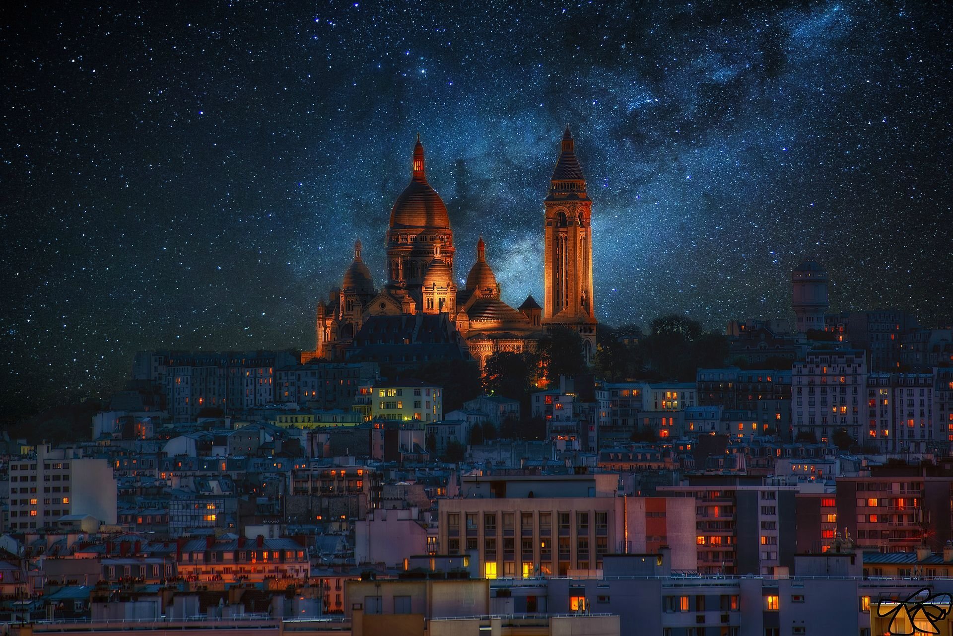 Buildings Night Stars Milky Way Galaxy - Montmartre Paris By Faula Thierry - HD Wallpaper 