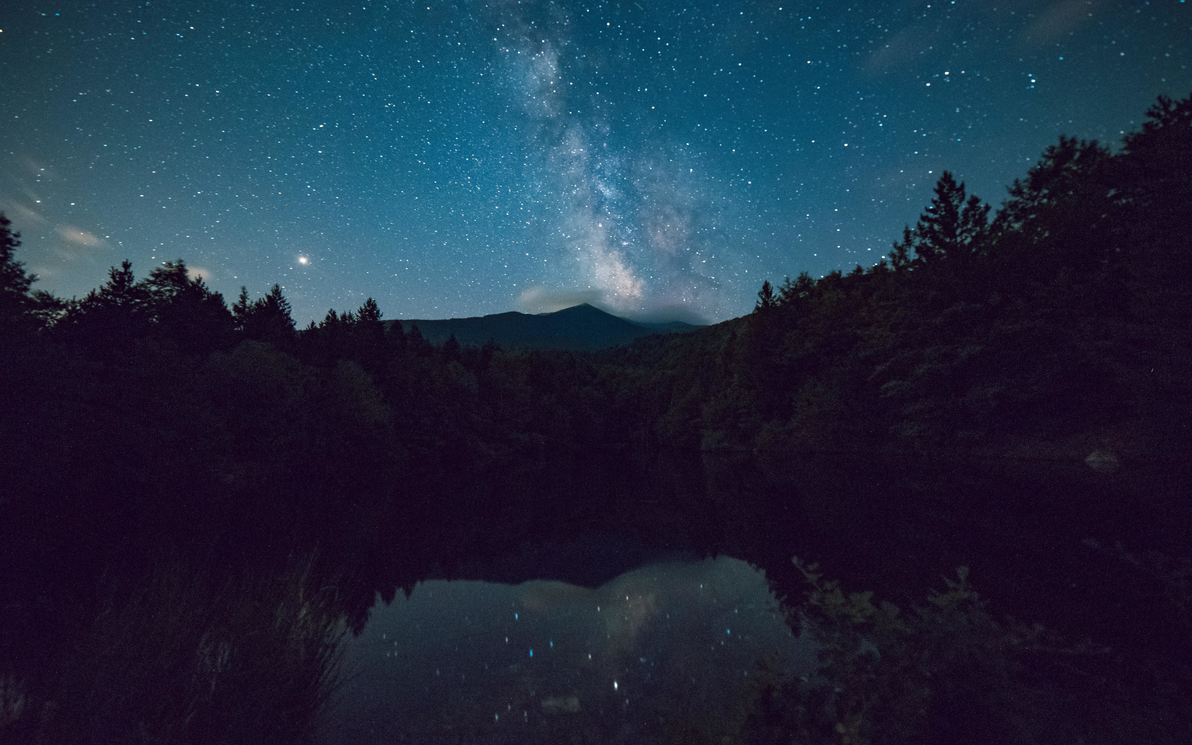 Lake, Forest, Night, Milky Way, Reflections, Night, - Lake In Forest At Night - HD Wallpaper 