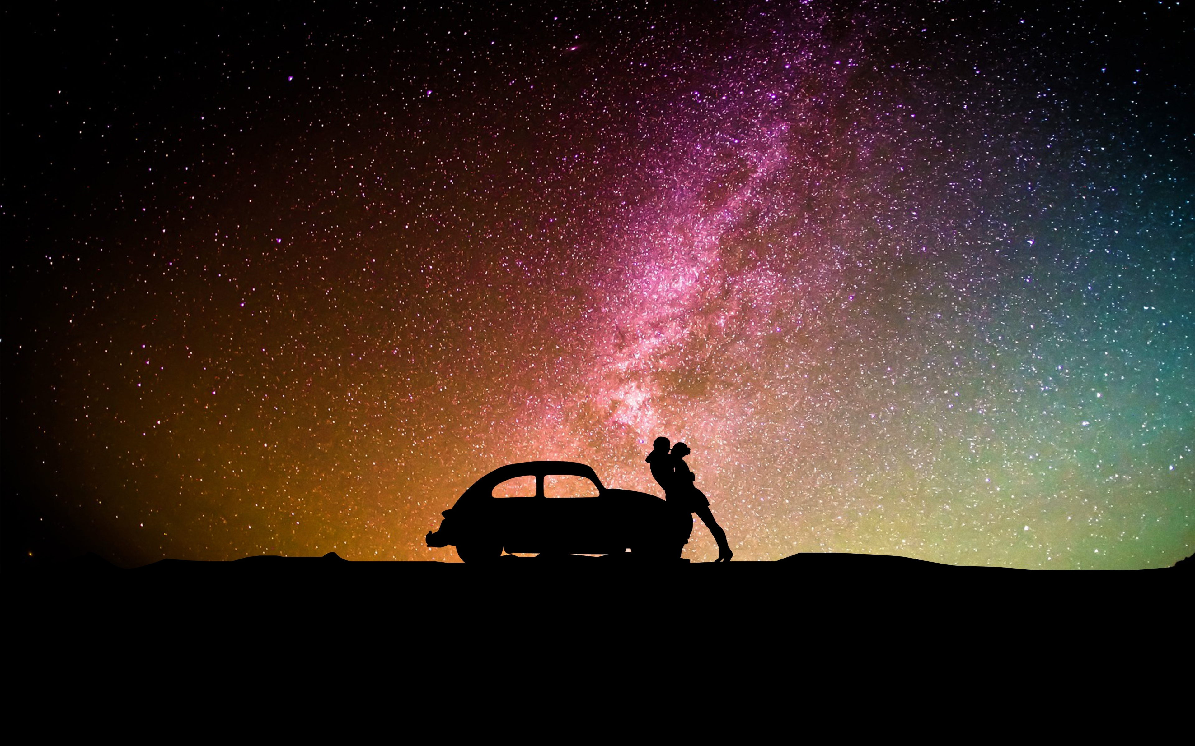 Silhouettes, Couple, Car, Milky Way, Hug, Wallpaper - Silhouette Wallpaper 4k - HD Wallpaper 
