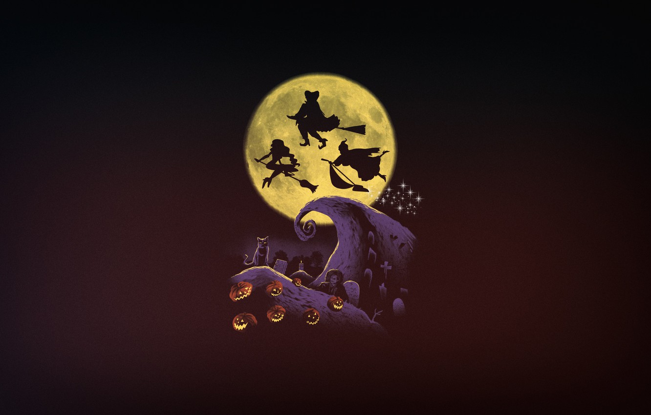 Photo Wallpaper Minimalism, The Moon, Halloween, Art, - Nightmare Before Christmas Hocus Pocus Background - HD Wallpaper 