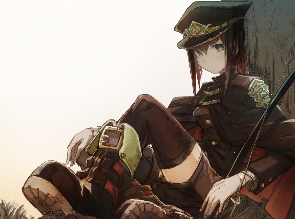 Anime Girl, Military Uniform, Hat, Sitting, Green Eyes - Anime Girls In Military Uniforms - HD Wallpaper 