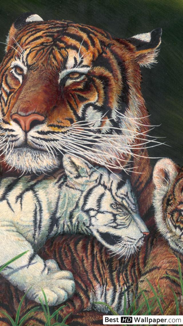 Pintura De Tigre Y Su Cachorro - HD Wallpaper 