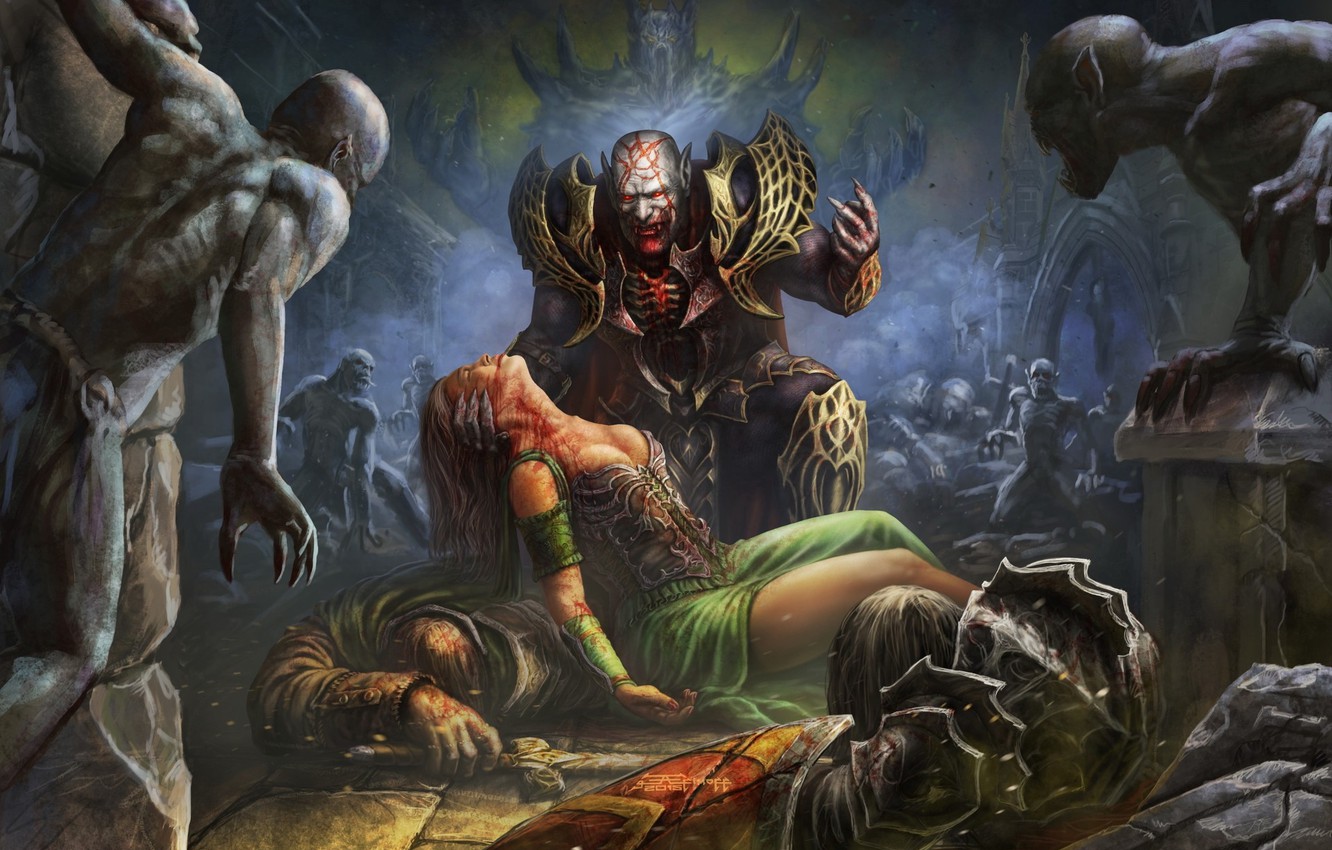 Photo Wallpaper Dark, Girl, Sword, Horror, Blood, Fantasy, - Vampire's Monster - HD Wallpaper 