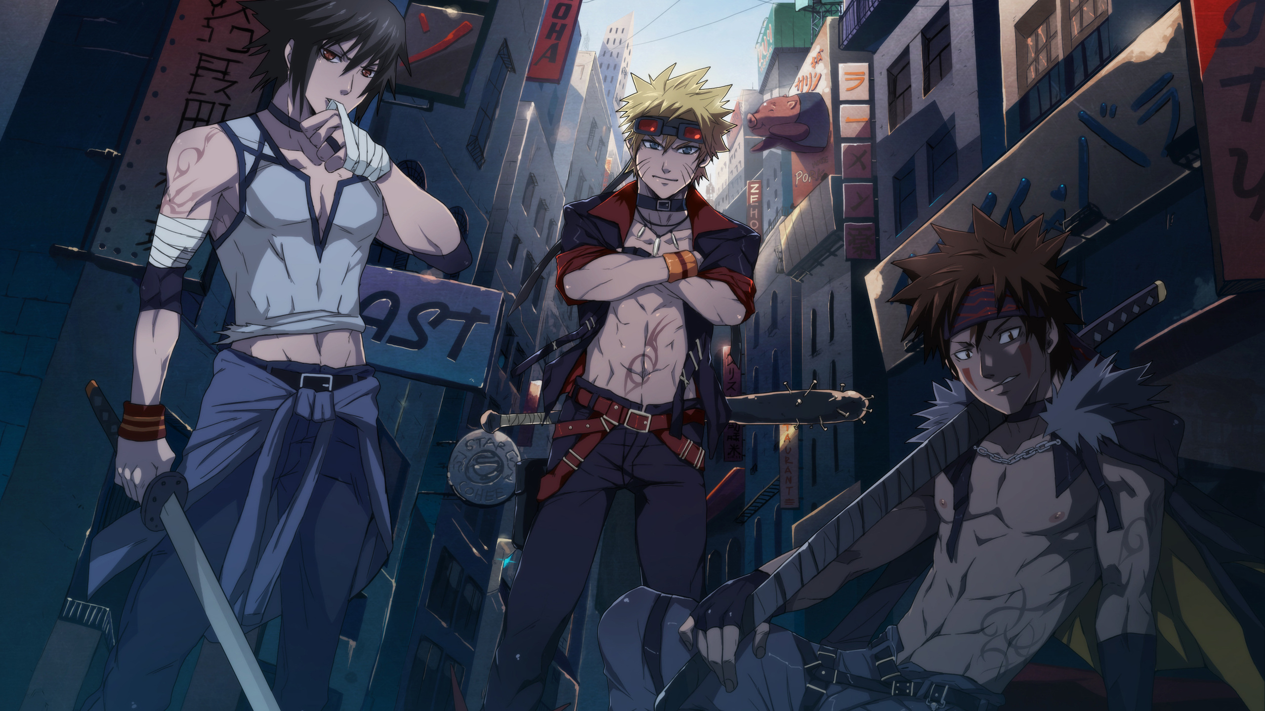 Uchiha Sasuke, The City, Katana, Naruto, Tattoo, Guys, - Naruto Sasuke And Kiba - HD Wallpaper 