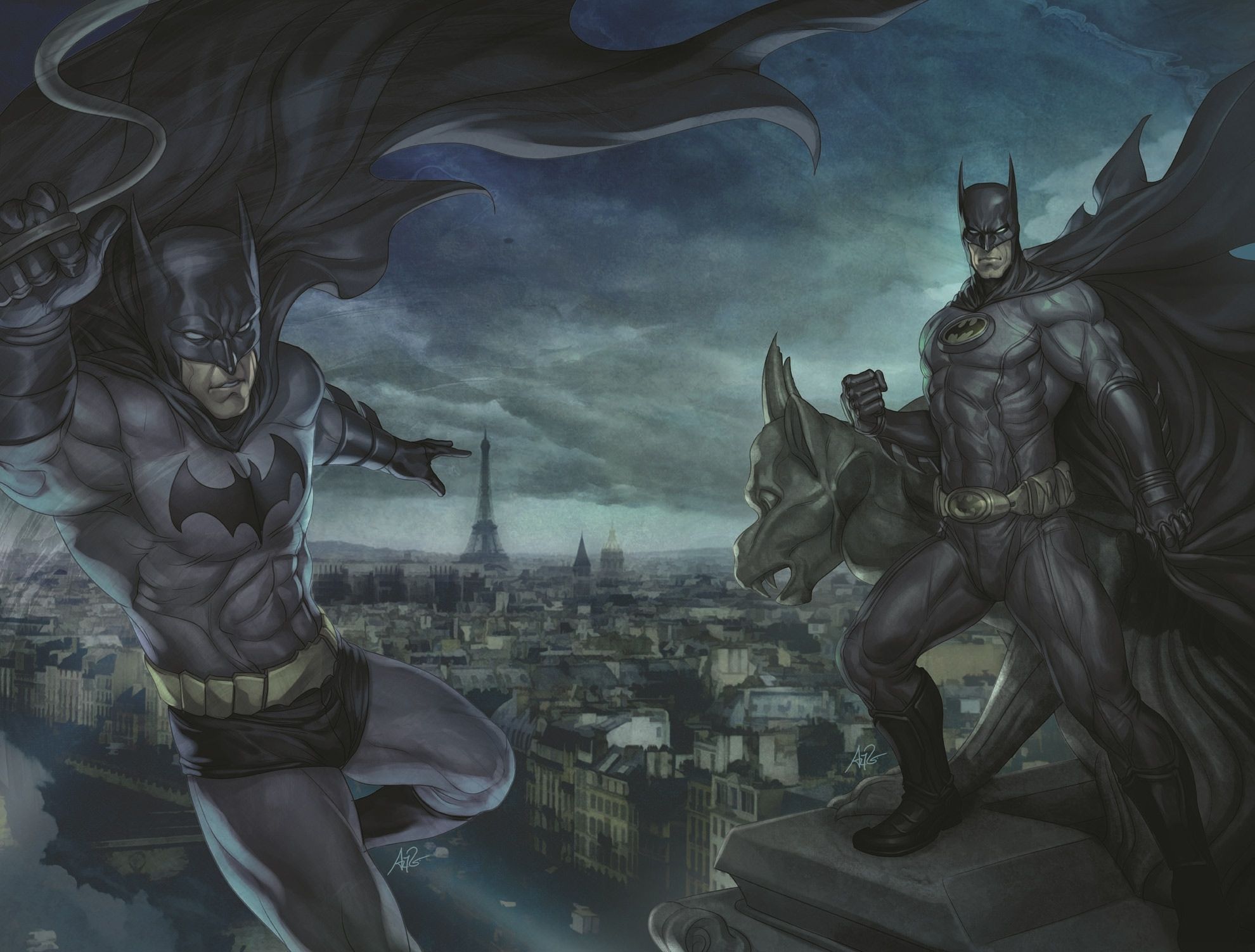 Batman, Roof, Paris, Cloak, Gargoyle - Batman Artgerm - HD Wallpaper 