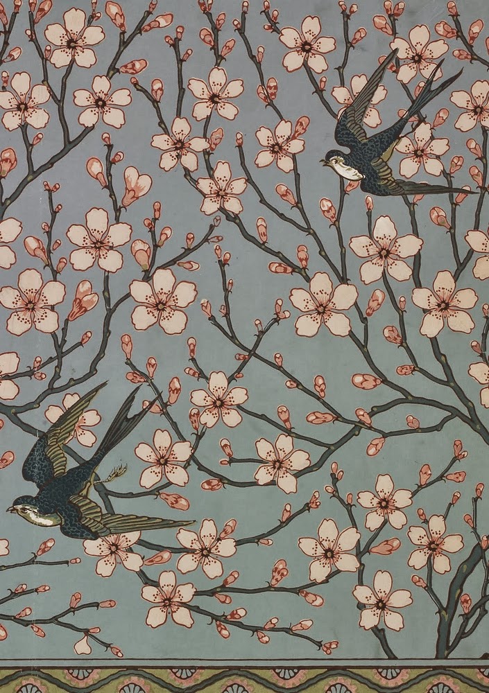Almond Blossom And Sparrow Wallpaper By Walter Crane - Almond Blossom And Swallow - HD Wallpaper 
