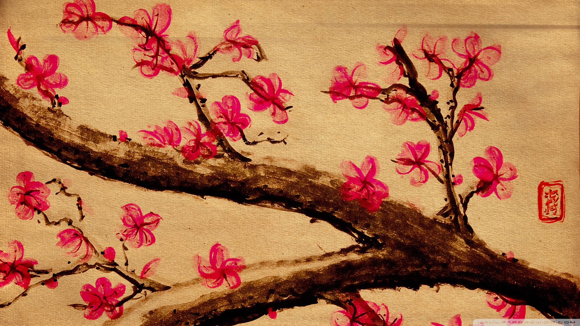 Desktop Cherry Blossom Pictures Free Download - Ancient Japanese Art Cherry Blossoms - HD Wallpaper 
