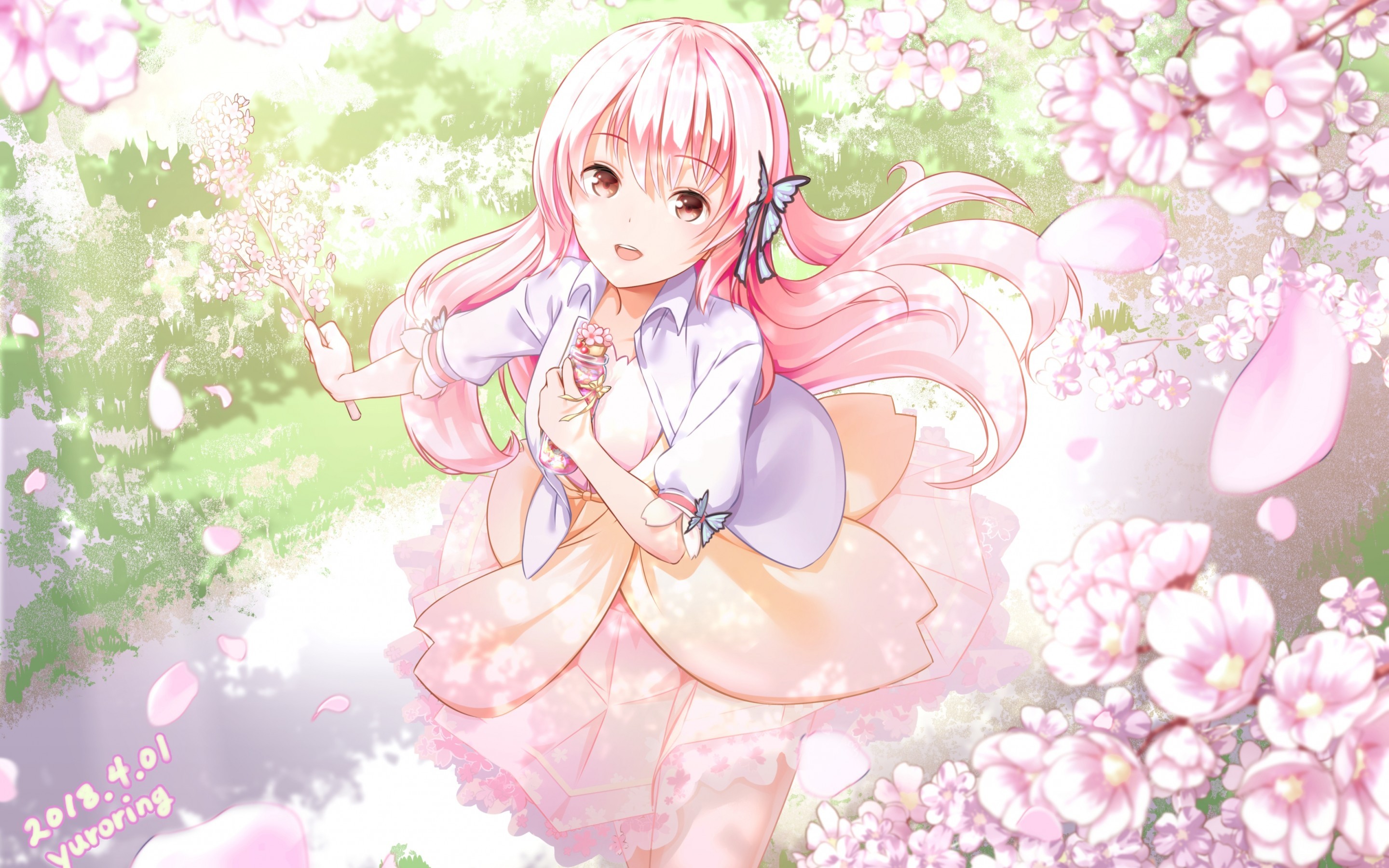 Anime Girl, Sakura Blossom, Pink Hair - Anime Girl With Sakura Flower - HD Wallpaper 