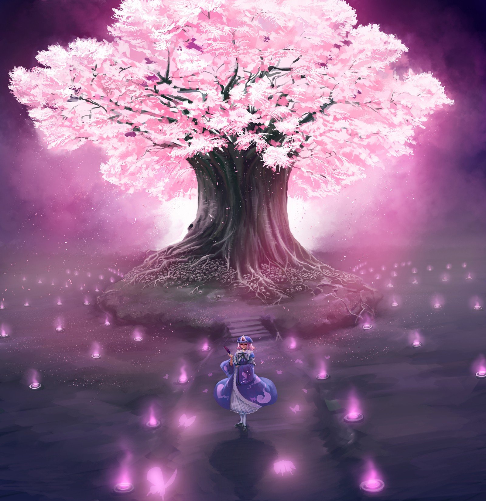 Download Mobile Wallpaper Anime, Girls, Sakura For - Anime Cherry Blossom Tree - HD Wallpaper 