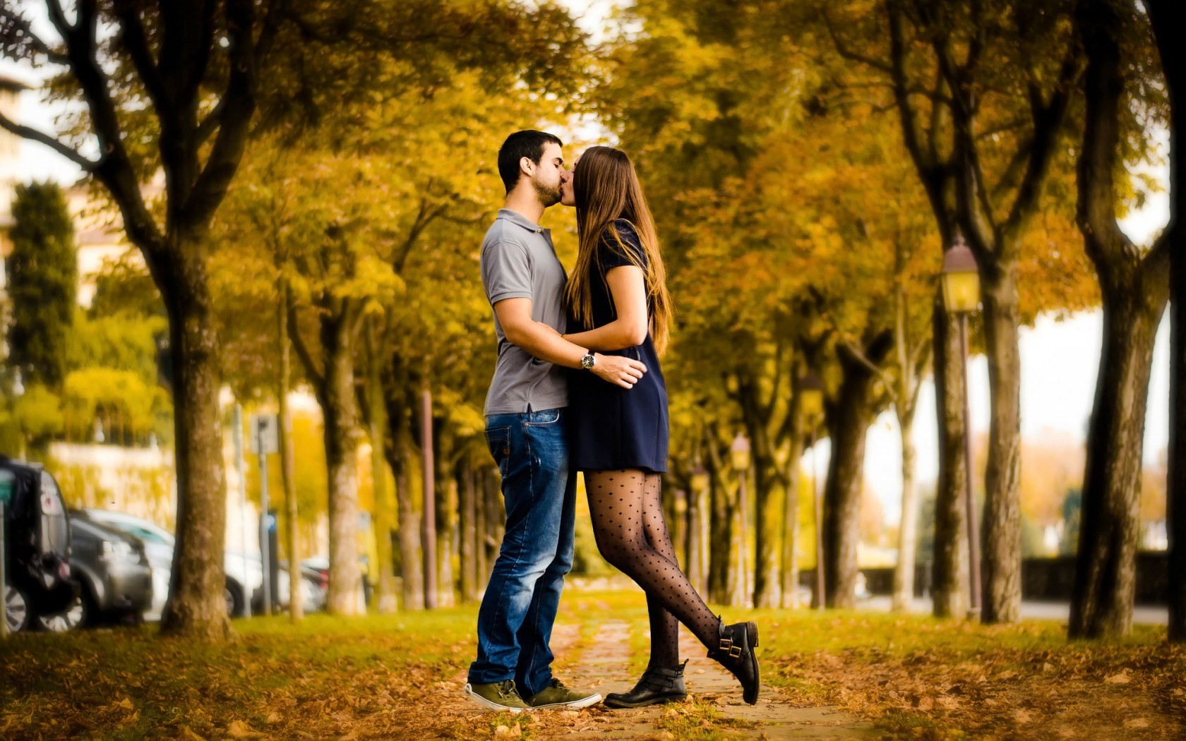 Kiss, Love, Autumn, Alley, Couple, Girl, Boy, Tree - Boy And Girl Love Hd - HD Wallpaper 