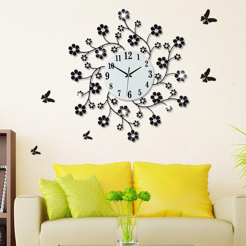 Pastoral Flower Iron Rhinestone Living Room Bedroom - Large Nature Wall Clock - HD Wallpaper 