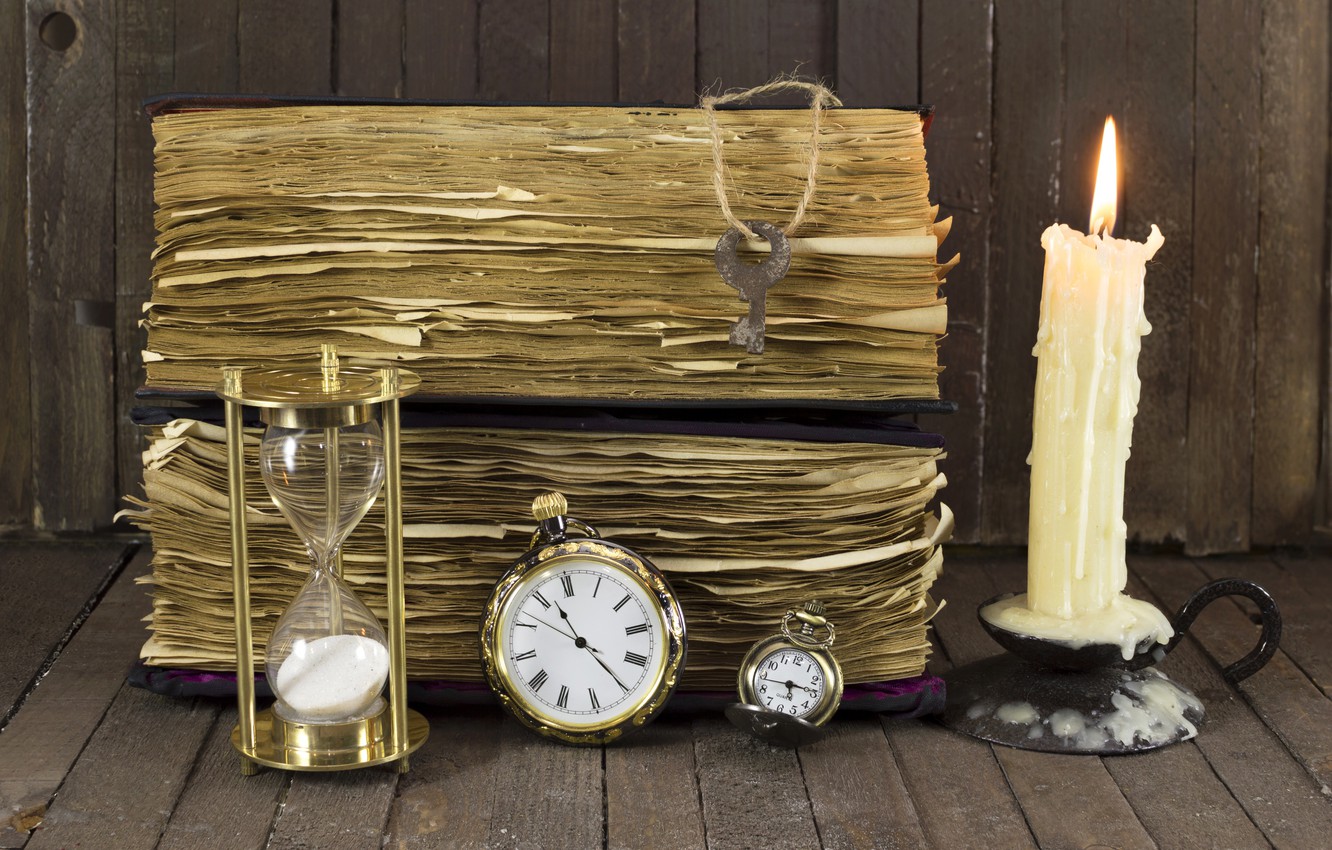 Photo Wallpaper Old, Watch, Candle, Key, Book, Hourglass - Книга И Песочные Часы - HD Wallpaper 