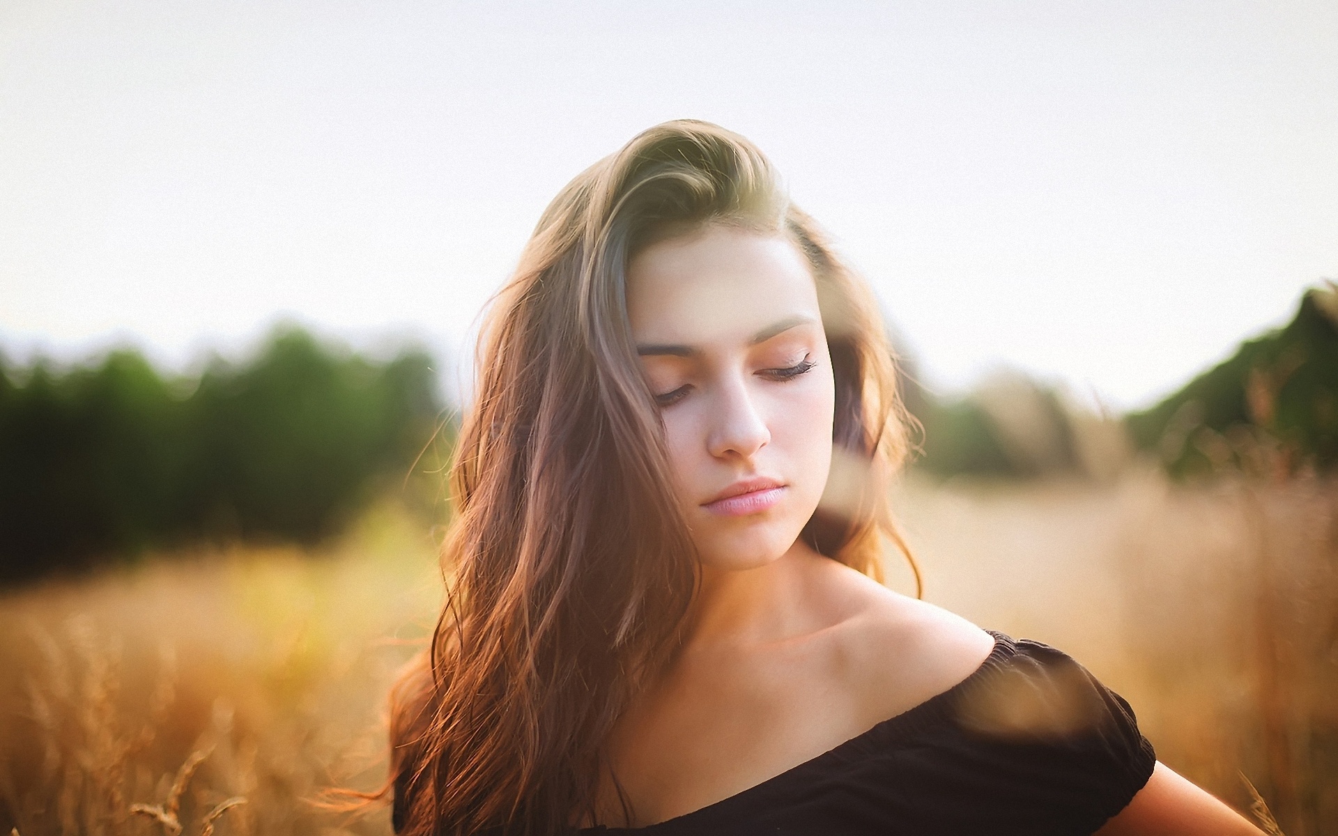 Wallpaper Beautiful Girl, Face, Lips, Eyes, Hair, Fields - Beautiful Girl Eyes Closed - HD Wallpaper 