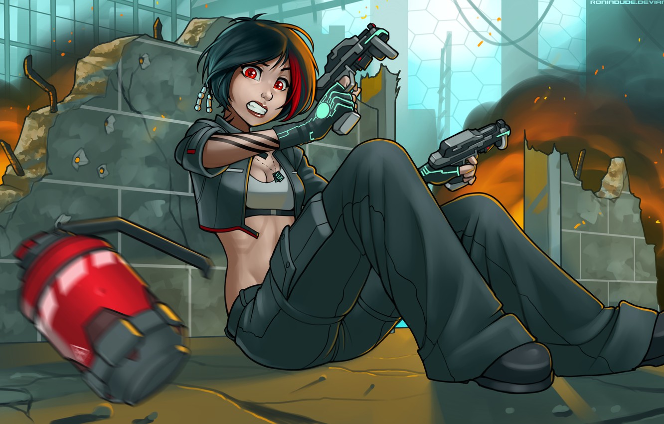 Photo Wallpaper Future, Weapons, Danger, Woman, Guns, - Anime Girl With Red Hair Tattoo Gun - HD Wallpaper 