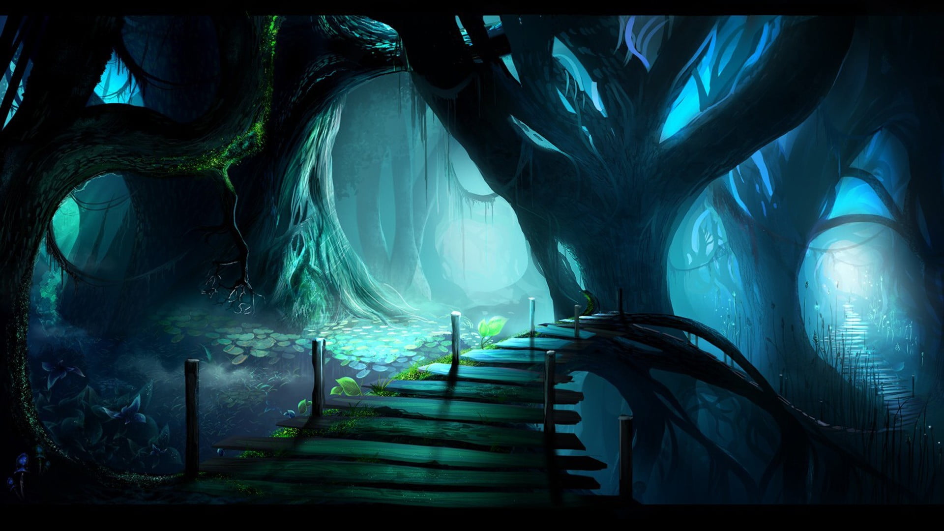 Cartoon Night Forest Background - HD Wallpaper 