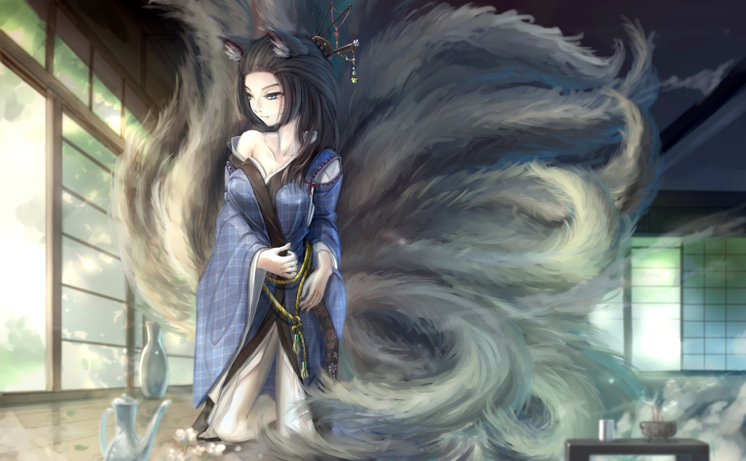 Animal Ears Black Hair Blue Eyes Foxgirl Japanese Clothes - Nine Tailed  Anime Kitsune Girl - 1500x927 Wallpaper 