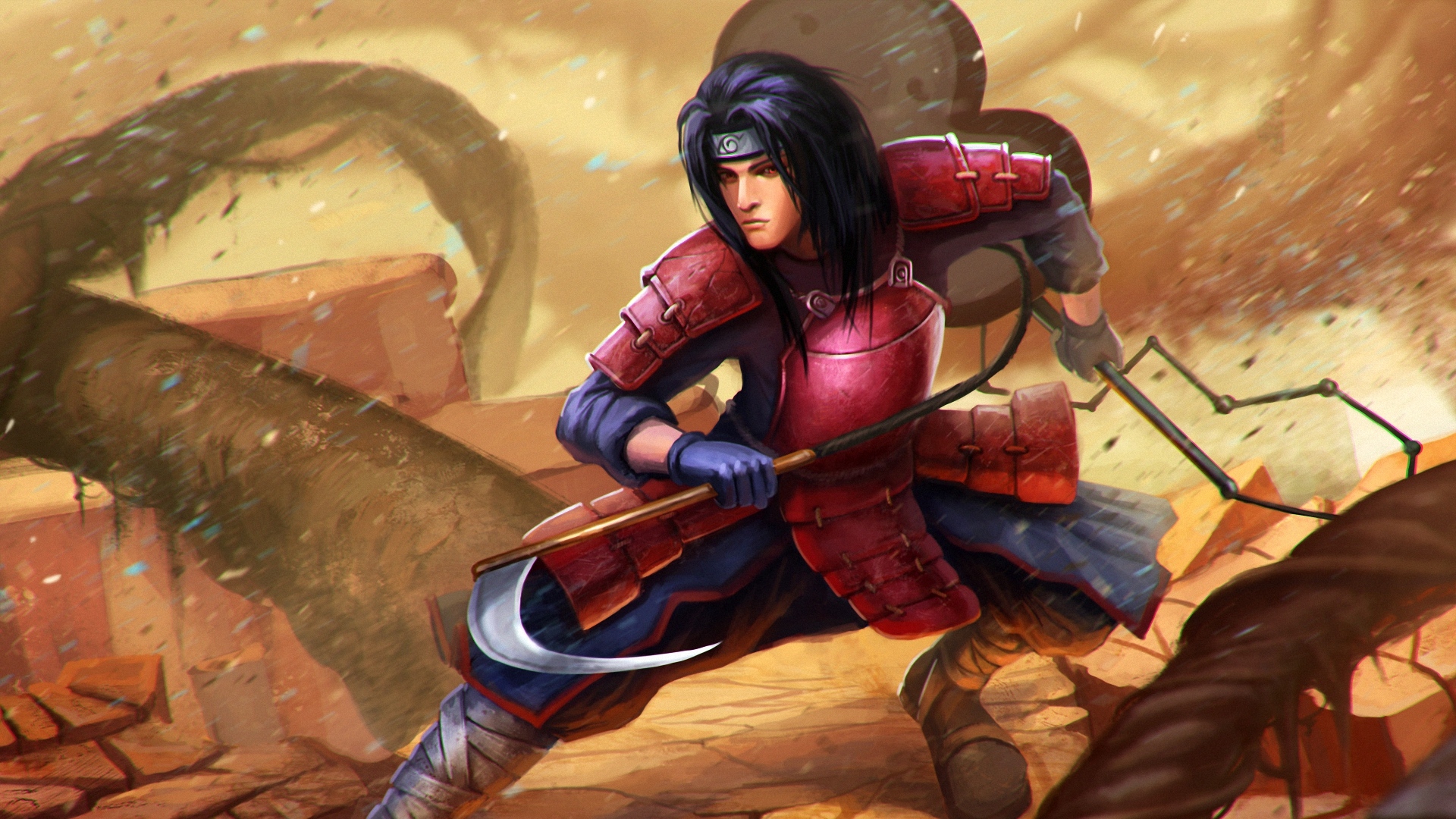 Wallpaper Uchiha Madara, Naruto, Boy, Rocks, Weapons - Uchiha Madara - HD Wallpaper 