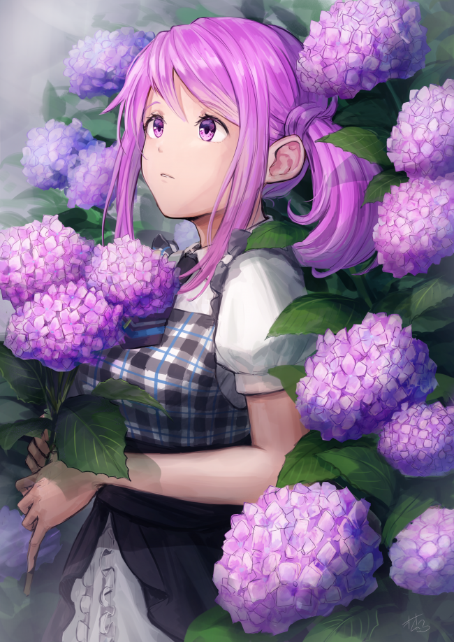 Anime Girl, Purple Flowers, Cute, Profile View, Looking - Profile Pics Of Flowers - HD Wallpaper 
