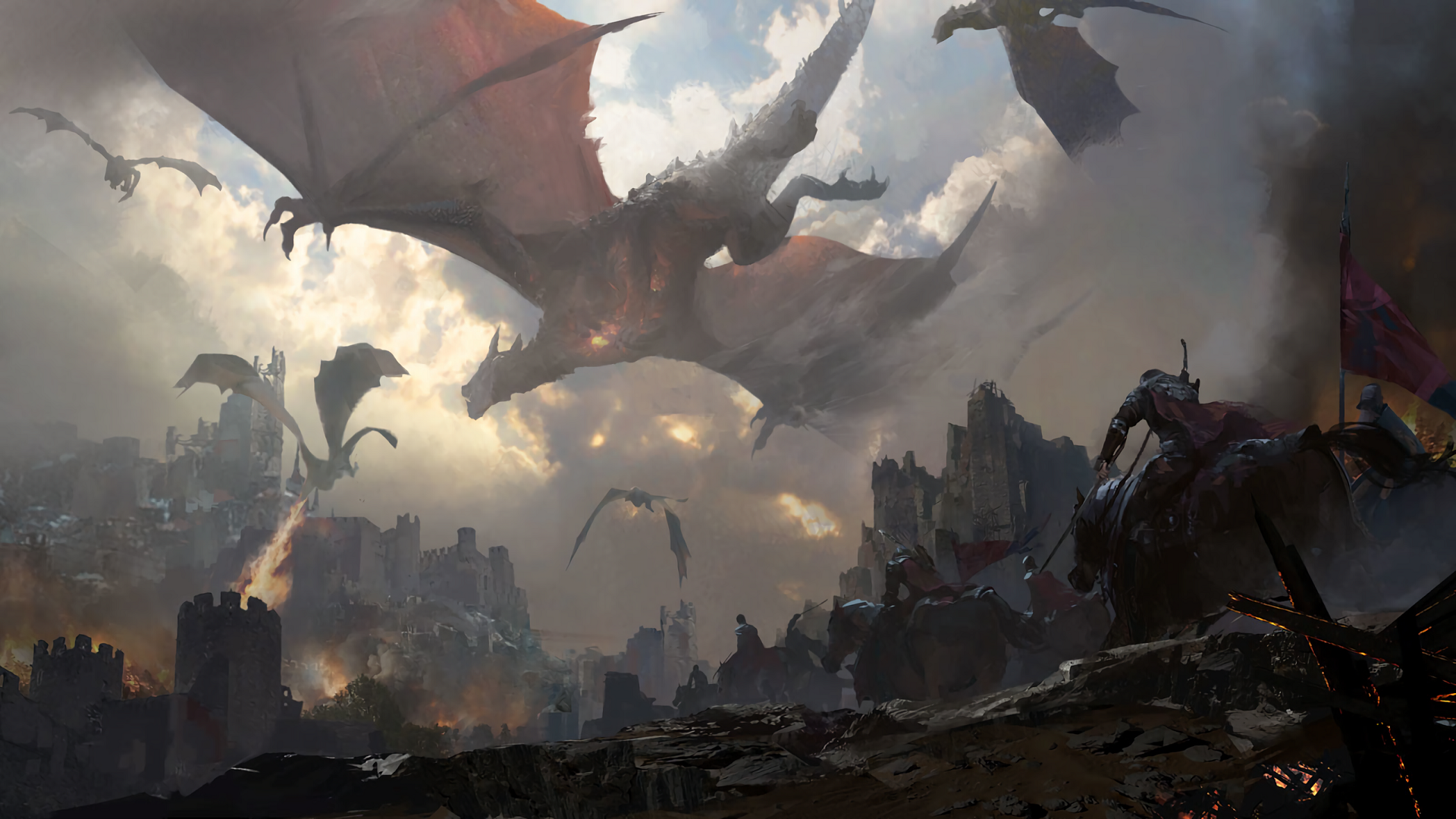 Dragon, Knights, Castle, Battle, Horses, Sky, Fire - HD Wallpaper 